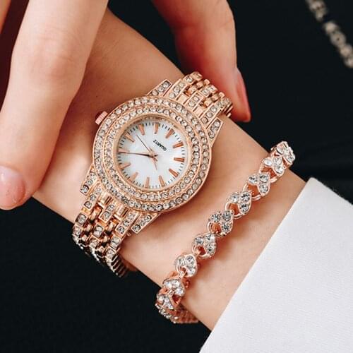Luxury Ladies Watch Bracelet Rose Gold Elegant Full Diamond Women Watches Fashion Casual Rhinestone 2pcs Set Bracelet Clock Gift