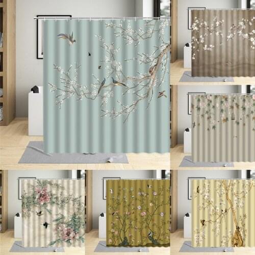 Chinese Style Flower Bird Shower Curtains Polyester Fabric Bathtub Decor Waterproof Bath Curtains With 12 Hooks Bathroom Screens