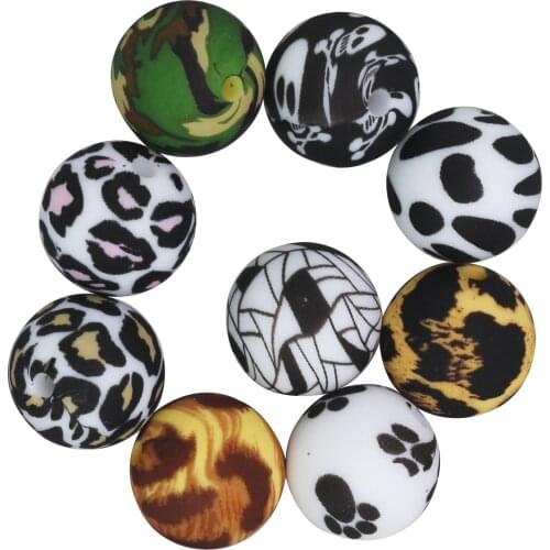 Silicone Beads 10Pcs Leopard Print 12mm 15mm Baby Teether Teething Beads Tie-dye DIY Jewelry BPA Free Pacifier Clip Making