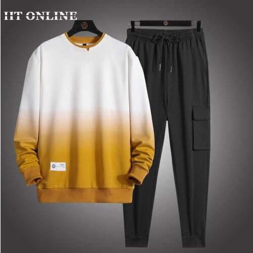 Fashion Mens Sets 2 Piece Tracksuits Men Autumn Hip Hop O-neck Sportswear Suit+Pants Casual Gradient Pullover Jogger Streetwear