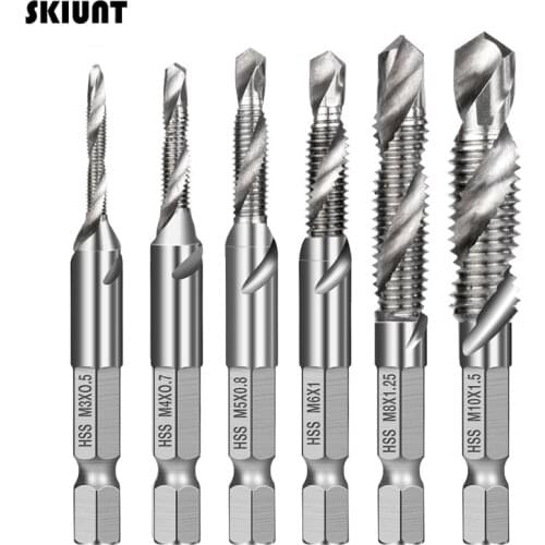 SKIUNT 6Pcs Tap Drill Titanium Plated Hex Shank Drill Bits Set HSS Screw Thread Taps Wrench Drill Bit Compound Thread Hand Tools