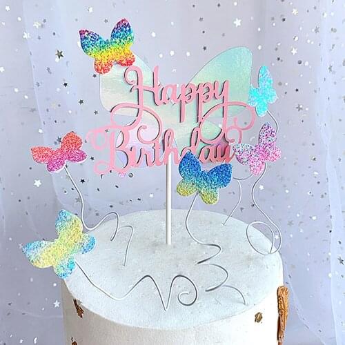 Happy Birthday Butterfly Cake Topper For Girl Boys Paper Cake Toppers Diy Baby Shower Birthday Party Decoration Baking Decor