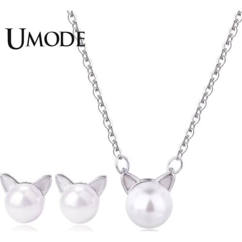 UMODE Cute White Pearl Cat Ear Jewelry Sets for Women Earring and Pendant Necklace White Gold Link Chain Pearl Jewelry AUS0046