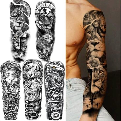 Cross Lion Temporary Tattoo Sleeve For Men Women Black Compass Geometry Tattoos Sticker Fake Full Arm Triangle DIY Tatoos Paper