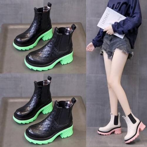 Elastic Pu Leather Chunky Chelsea Boots Women Autumn Square Heels Platform Ankle Boots Woman Slip on Botas De Mujer 2021
