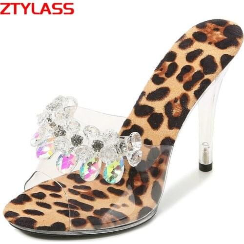 2021 New Sexy Leopard Women Slippers Fashion Transparent Crystal Thin High Heel Sandals Ladies Slip On Summer Party Slippers