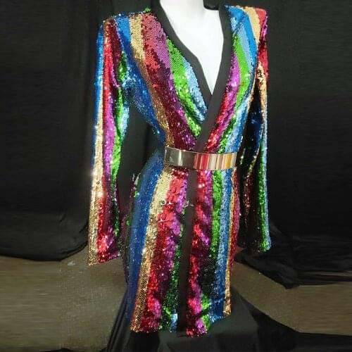 Rainbow Sequin Jacket Female Singer DJ Costume Jazz Dance Costume Nightclub Bar GoGo Costume Women Party Carnival Robe DWY3398