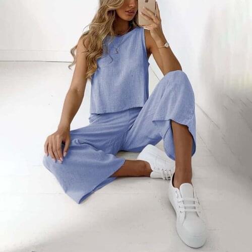 2021 Summer Sexy Sleeveless Two Piece Women Suit Pants Set Solid Color Vest Top Loose Wide Leg Pants Casual Plus Size Home Set