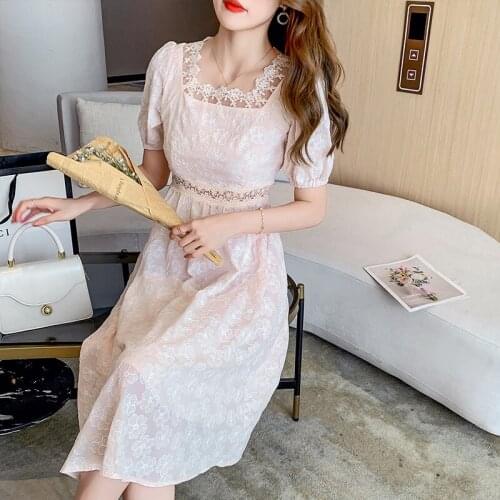 French Elegant Fairy Lace Dress Women 2021 Fashion Summer Square Collar Short Sleeve High Waist Hollow Out Party Dress