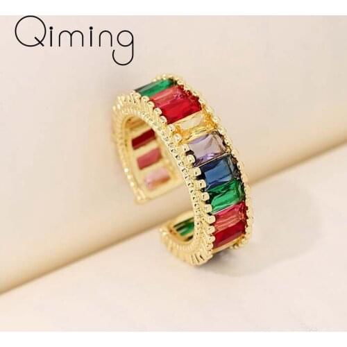 Rainbow Colorful Crystal Zircon Wedding Rings For Women CZ Micro Paved Luxury Jewelry Adjustable Finger Ring Trendy Jewelry