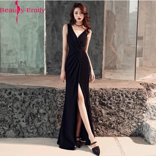 Beauty Emily Elegant V Neck Mermaid Evening Dress 2020 Fashion Pleated Black Simple Satin Sleeveless Long Dresses Real Photo