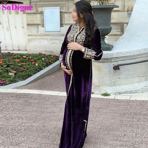SoDigne Karakou Algerian Caftan Evening Dresses Women Pregnant Velvet Long Sleeve Formal Dress Party Gown