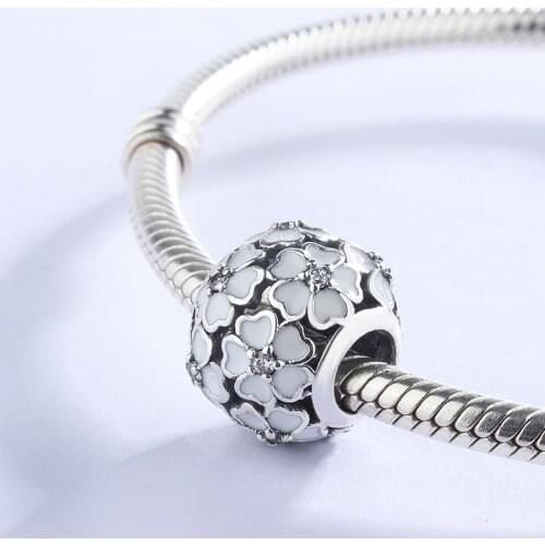 925 Sterling Silver White Enamel Flower Round Crystal Beads Pendant Charm Bracelet DIY Jewelry Making For Original Pandora