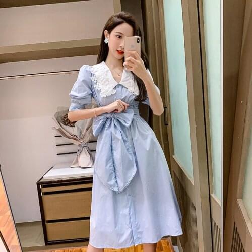 BLLOCUE White Lace Patchwork Turn-down Collar Slim Party Dresses New 2020 Summer Women Puff Sleeve Bow Cute Long Dress