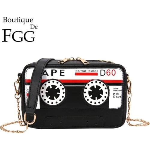 Boutique De FGG Retro Cassette Tape PU Women Casual Crossbody Handbags and Purses Ladies Chain Shoulder Bag Girls Messenger Bag