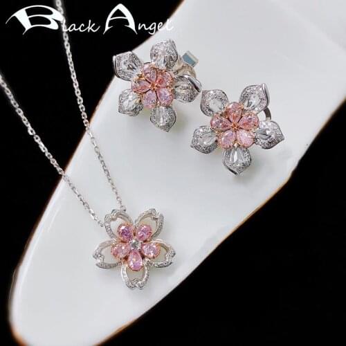 BLACK ANGEL New Shiny Pink Gemstone Romantic Cherry Blossoms Necklace Stud Earrings Resizable Ring For Women Wedding Jewelry Set