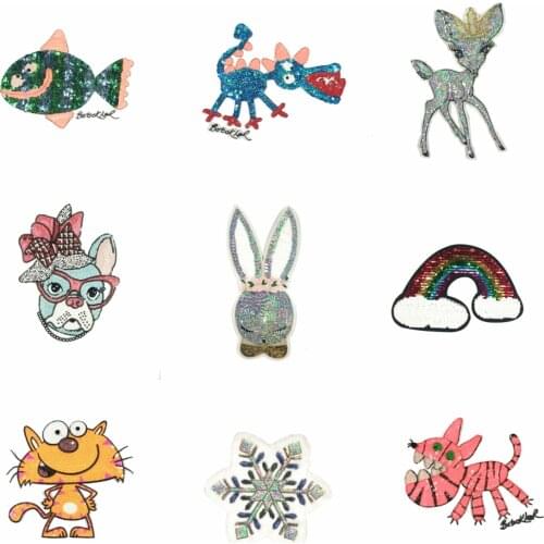 Design large sequined embroidery big fish dinosaur deer dogs cats rabbit tiger rainbow cartoon patches for clothing HE-35