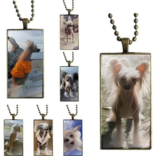 EJ Glaze Dog Of Breed Chinese Crested For Men Women Gift Design Fashion Vintage Glass Women Rectangle Necklace Pendants