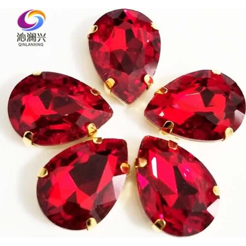 Golden bottom Red DR shape High quality AAA Glass Crystal sew on claw rhinestones with holes,Diy/Clothing accessories SWSG06