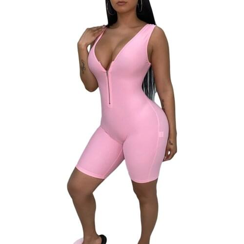 Summer Sexy Women Solid Color Yoga Short Sleeveless Zipper Yoga Sports Jumpsuit Bodysuit Stretch Overalls Sport Romper 2021