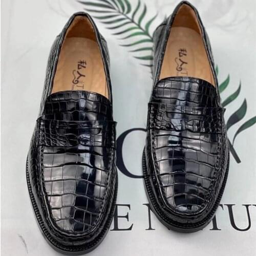 Authentic Exotic Alligator Leather Businessmen Dress Shoes Genuine Crocodile Belly Skin Male Black Slip-on Shoes For Suits