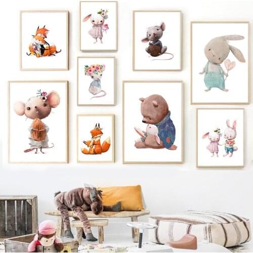 Mouse Bear Rabbit Friend Flower Cartoon Wall Art Canvas Painting Nordic Posters And Prints Wall Pictures Baby Kids Room Decor
