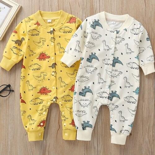 2020 New Spring Autumn Baby Onesies Boy Girls Cotton Long Sleeve Cartoon Dinosaur Print Long Romper Infant Kids Jumpsuit Outfits