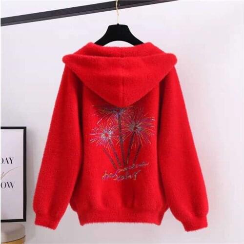 New Knitted Sweater Cardigan Coat Women Autumn Jacket Back Embroidered Long Sleeve Hooded Outerwear Short Sweater Female Tops