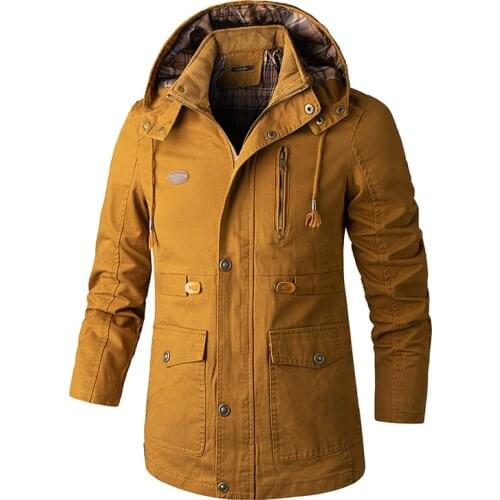 Autumn tooling jacket mens mid-length trendy brand European and American mens large size jacket hooded windbreake