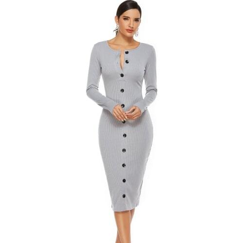 Sexy Deep V Neck Bodycon Pencil Button Dresses Women Dress Autumn Winter Casual Solid Color Long Sleeve Elegant Office Dress