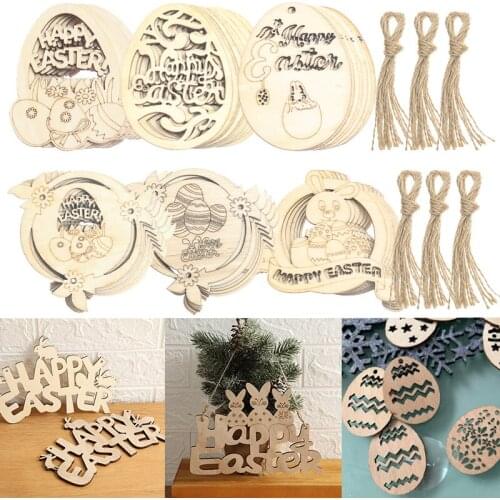 Happy Easter Hanging Pendant Wooden Ornaments Eggs Rabbit Wood Chips DIY Easter Decoration For Home Carving Easter Bunny Hare