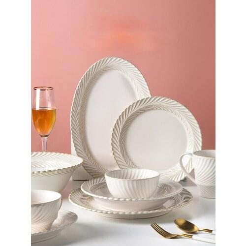 Vintage White Porcelain Plates Relief Dinnerware Tableware Ceramic Bowl Plates Set Dishes