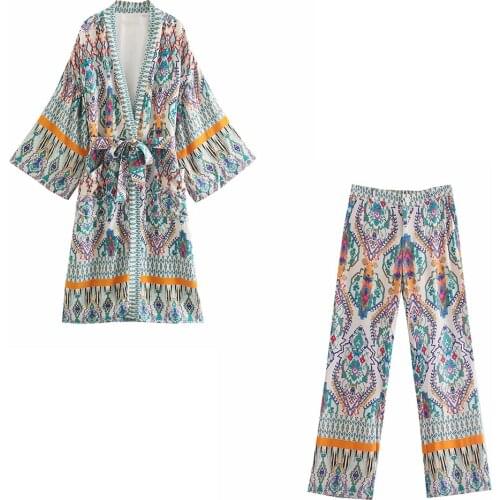 Xikom 2021 New Summer Women Vintage Two-Piece Set Beach Style Print V- Neck Belt Long Shirt Elastic High Waist Casual Pants Sets