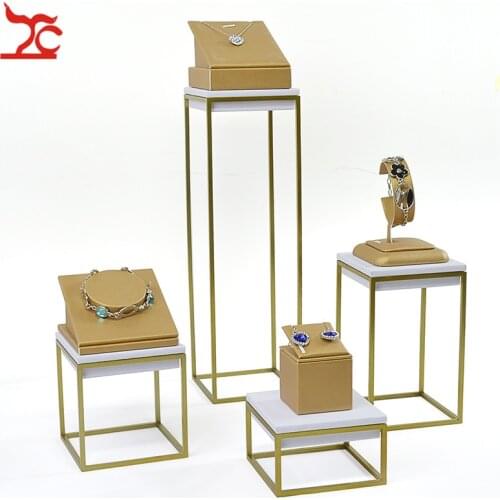 Stainless Steel Window Jewelry Counter Showcase Gold PU Necklace Bracelet Pendant Earrings Organize Watch Chain Counter StandSet