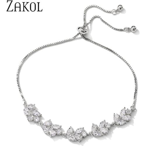 ZAKOL Luxury Charm Marquise Cut Chain Bracelets for Women Crystal Cubic Zirconia Adjustable Bracelet Wedding Party Jewelry Gift