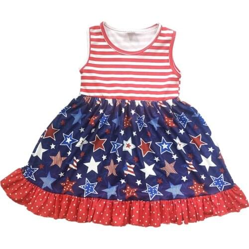 Clearance! July 4th Girls Dress Children Sleeveless Striped Star and Dot Ruffle Printed Cotton Dress Summer Girls Dress