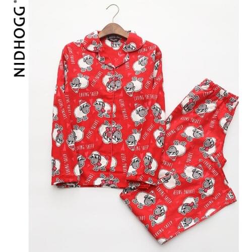 Womens Long Sleeve Pajamas Autumn Cartoon Printing Sleepwear Red Cotton Brushed Fabric Two Piece Set Turn-down Collar Nightwear