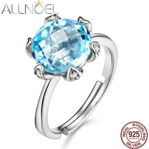 ALLNOEL Solid 925 Sterling Silver Ring For Women Blue Topaz Rose Quartz 100% Natural Gemstone Flower Jewelries Wedding Rings