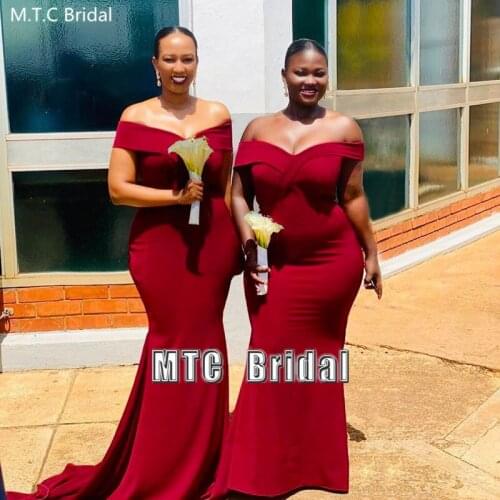 Plus Size Burgundy Mermaid Bridesmaid Dresses Wholesale Off The Shoulder Long Black Women Maid Of Honor Wedding Party Dress