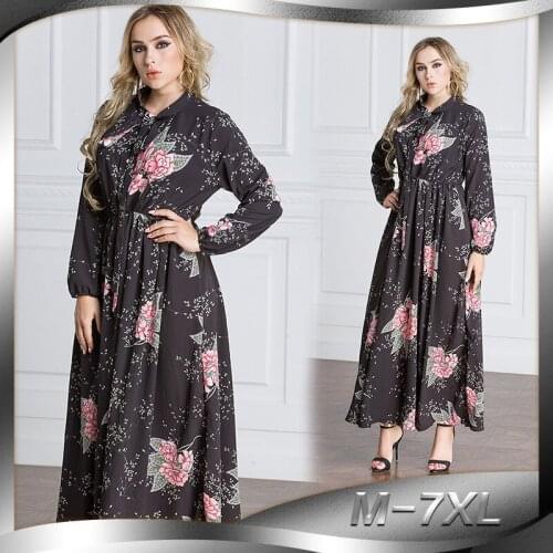 New European And American Oversized Autumn And Winter Chiffon Long-sleeved Printed Womens With Waist And Big Swing Dress