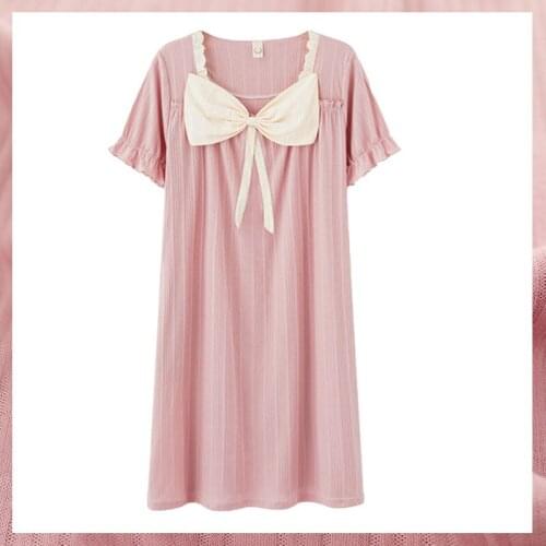 2021 nightdress Bow Cute Korean Pajamas Women Sleepwear Nightgowns Robe femme dress roupas femininas vestido mujer Freeshipping