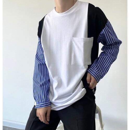 2021 Autumn Korean style unique Stripes mixed colors design t-shirt men casual loose Stripes tee shirts male t-shirt M-XL