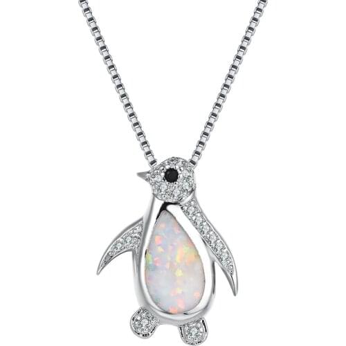 Fashion Pure 925 Sterling Silver Opal Penguin Pendant Necklaces Jewelry