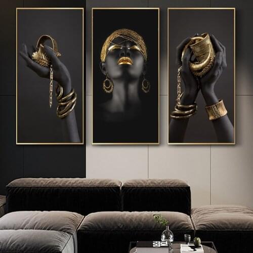 Large Black Woman with Golden jewelry on the Hands Canvas Paintings on the Wall Art Posters And Prints African Woman Art Picture