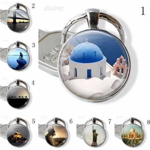 Photo Key Chain Brooklyn Bridge Statue of Liberty Paris Gargoyle Notre Dame Famous Sites Glass Pendant Fashion Car Key Ring