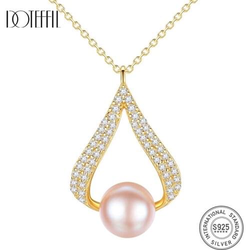DOTEFFIL Hot Sale Pearl Pendant Necklace 100% 925 Silver Necklace Zircon Inlay Women Fine Jewelry Natural Freshwater Pearl Gift