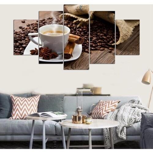 Modular Painting Canvas Wall Art Picture Home Decor 5 Pieces Coffee Bean Cup Spices For Living Room Modern HD Print Poster