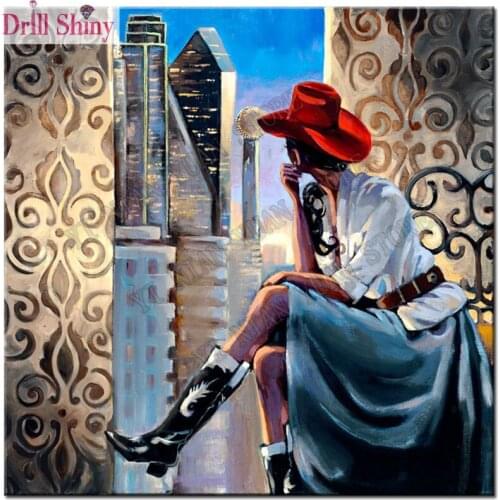 New Drill 5D DIY diamond painting Red Hat fashion girl viewing wall art cross stitch diamond cross stitch mosaic home decoration