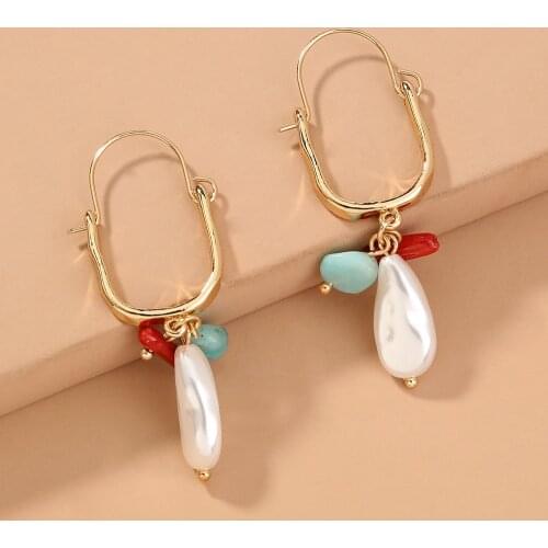 Gold Metal U Shape Pearl Drop Earrings for Women Girls Prom Party Fashion Jewelry