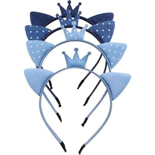 New Fashion Blue Jeans Crown Cat Ears Hairbands Girls Denim Cloth Headbands Kids Hair Accessories Wholesale